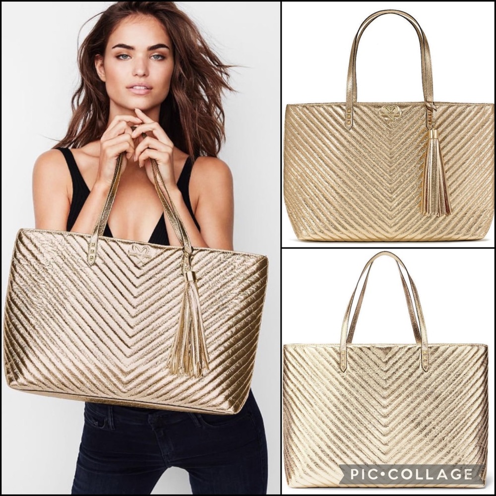 NWT VS Gold Metallic Quilted Chevron Tote Large Shoulder Bag w/Tassel